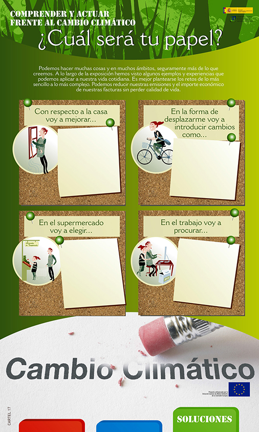 Panel 17. Todos podemos jugar algún papel para evitar que el calentamiento global siga su curso. Este cartel, en blanco, puede servirte para plantear un compromiso, o para que los visitantes puedan anotar sus ideas, propuestas o deseos.