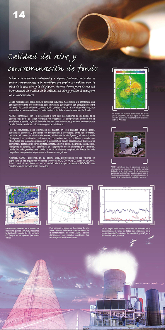 Panel 14- La actividad industrial, así como algunos fenómenos naturales emiten contaminantes a la atmósfera que pueden ser dañinos a la salud. AEMET forma parte también de una red internacional de medida de la calidad del aire.