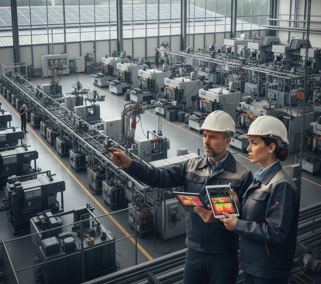 Dos auditores energéticos, un hombre y una mujer con cascos de seguridad, supervisan una nave industrial. Utilizan tablets que muestran mapas de calor termográficos y herramientas de medición digital para analizar la eficiencia de la maquinaria.