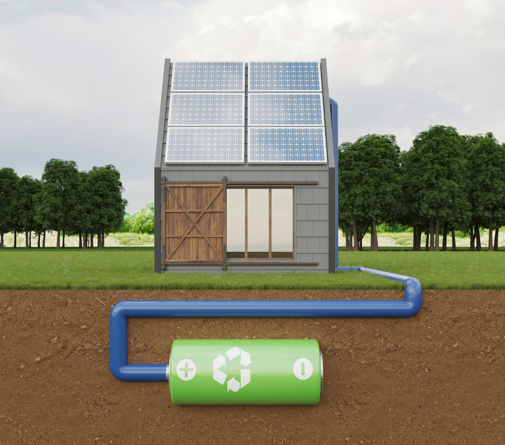 Imagen casa con placas solares en tejado y batería para almacenamiento de energía